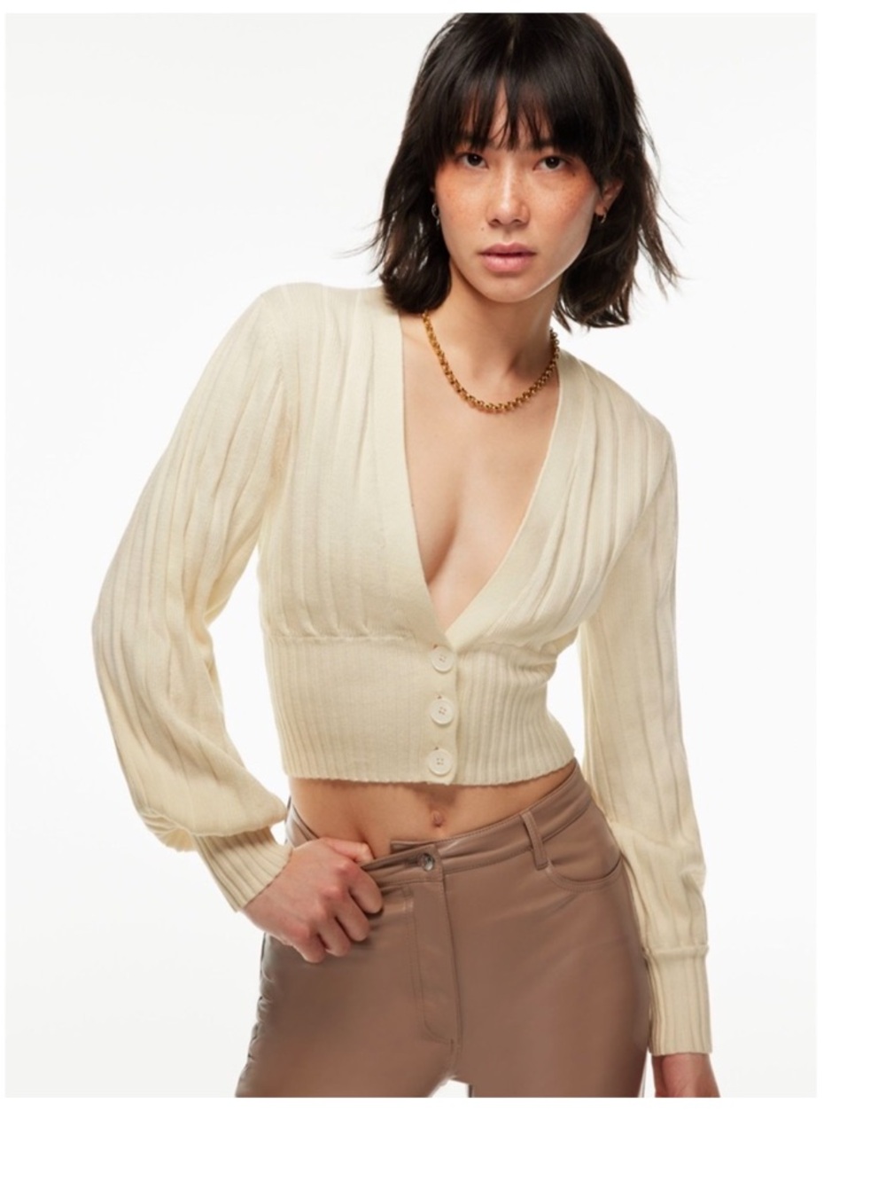 Aritzia Cream Ribbed V‑Neck Cropped Cardigan